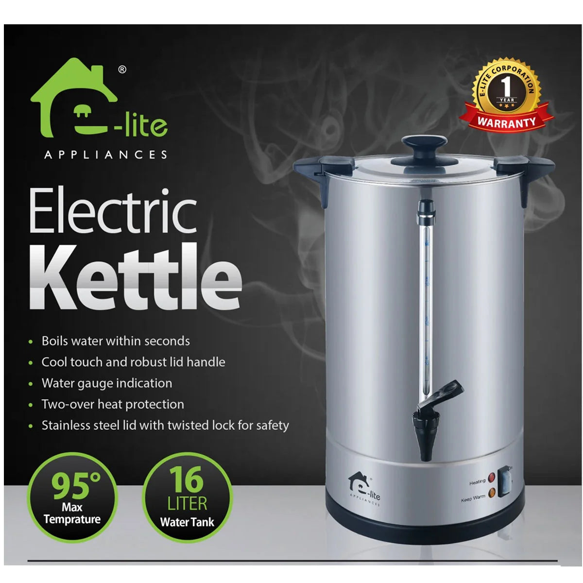 E-Lite EWK-16B 16L Commercial Water Boiler
