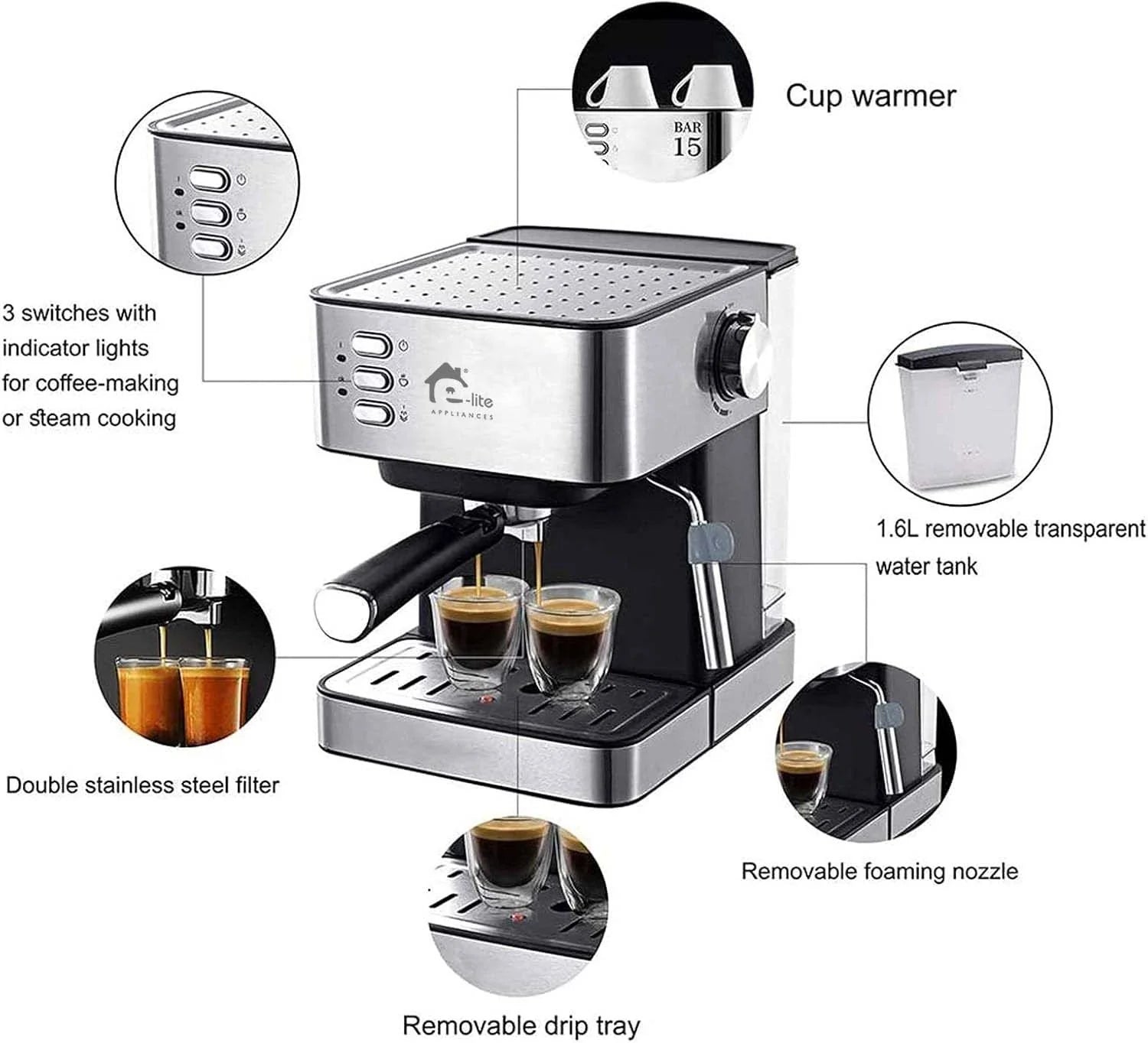 E-Lite EEM-010 15-Bar Espresso Machine