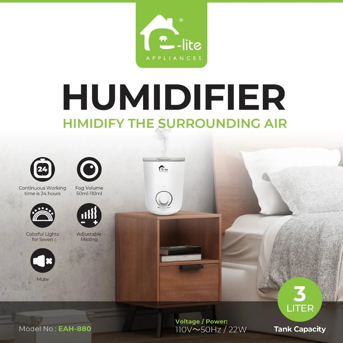E-Lite EAH-880 3L Ultrasonic Humidifier